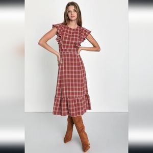 Prairie Persona Rust and White Plaid Short Sleeve Midi Dress